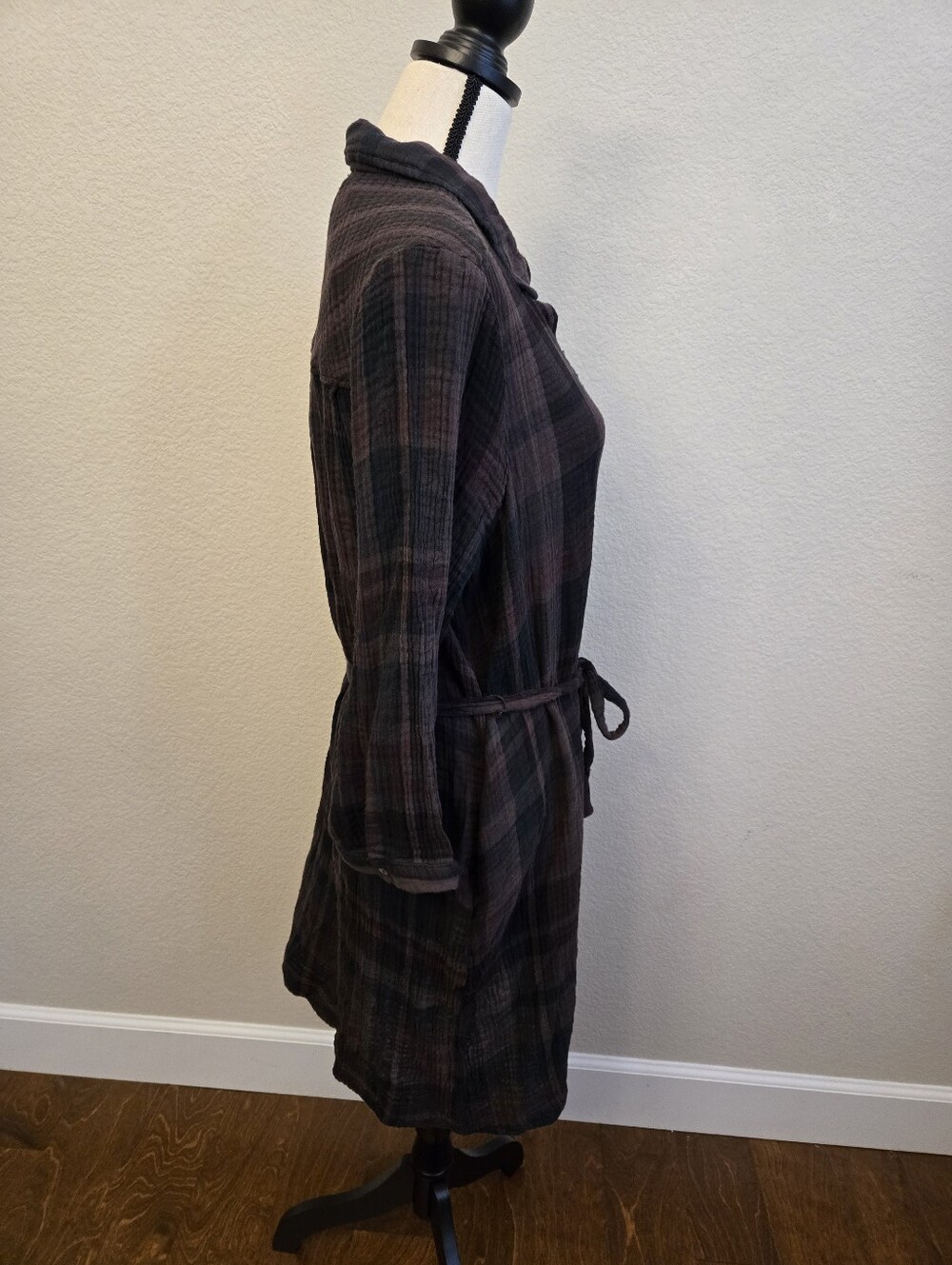 Michael Stars Cotton Polly Ballon Sleeve Shirt Dress Sz XL Plaid Tie At Waist - Picture 9 of 11